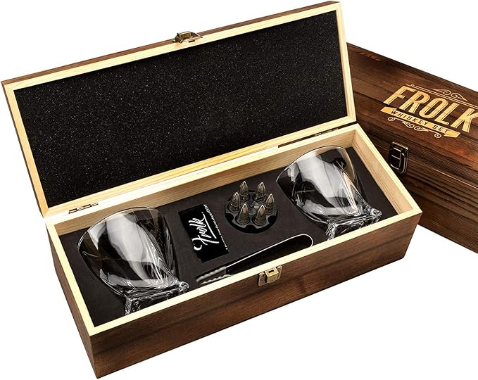 Frolk Whiskey Chillers Premium Gift Set, Set Of 6 Extra Large Stainless Steel Whiskey Stones, 2 Large Twisted Whiskey Glasses (11 oz), Freezer Base, Velvet Pouch & Tongs In Novelty Wooden Box