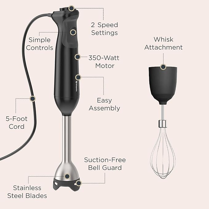 Vitamix 2-Speed Immersion Blender + Whisk Attachment, Professional-Grade Hand Blender with 350-Watt Motor and Stainless-Steel Blade, Black