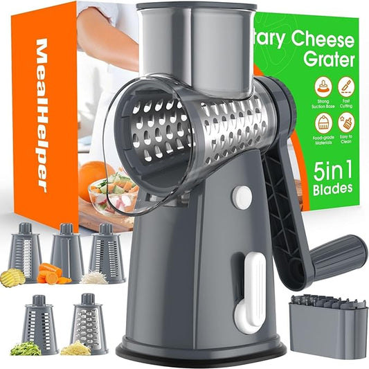 5 Blade Rotary Cheese Grater Hand Crank with Storage Box, Vegetable Chopper, Cheese Shredder for Cheeses, Veggies, Nuts - Easy to Use, Non-slip Suction Base, Gray