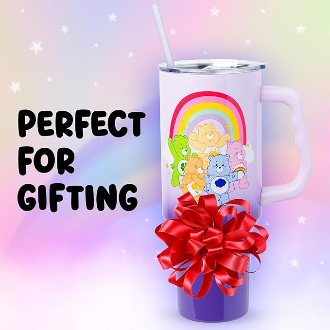 Silver Buffalo Care Bears Rainbow Featuring Funshine, Cheer, Grumpy, Friend, and Good Luck Bear Stainless Steel Tumbler with Handle and Straw, Fits in Standard Cup Holder, 40 Ounces