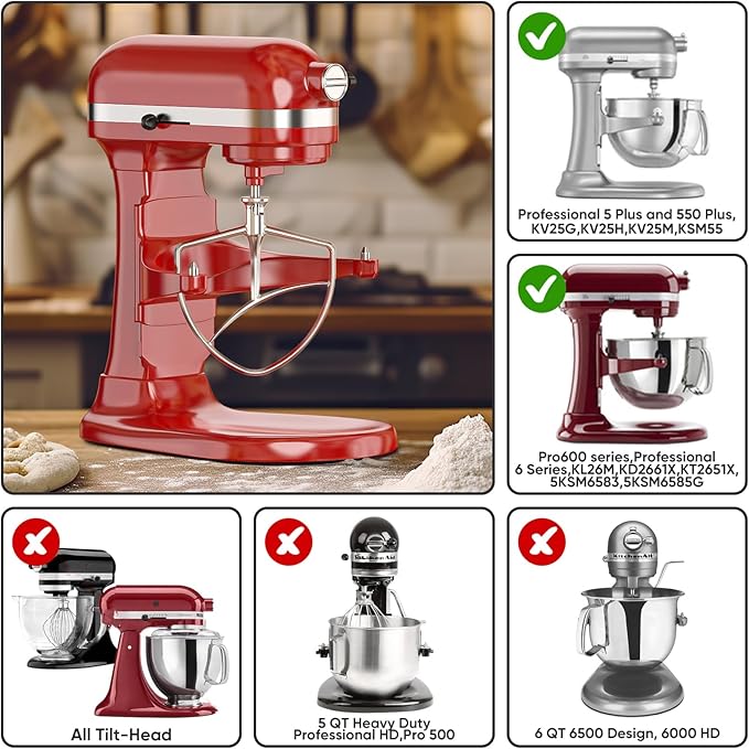 Stainless Steel Flat Beater for KitchenAid 5Plus/6 Qt. Bowl-Lift Stand Mixers, Paddle Attachment for KitchenAid Mixer, Dishwasher Safe