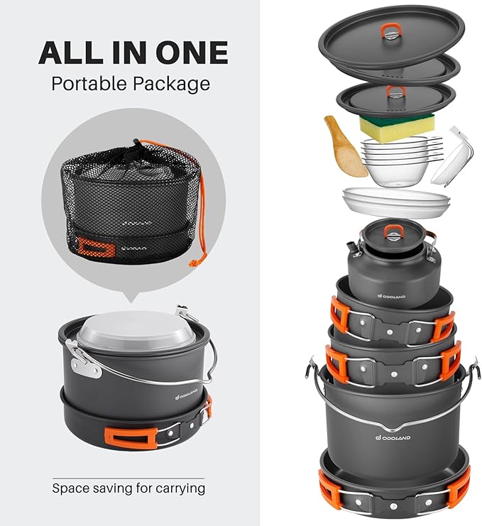 Odoland 18pcs Camping Cookware Large Size Hanging Pot Pan Kettle Set with Plastic Plates Bowls Soup Spoon for Camping, Backpacking, Outdoor Cooking and Picnic