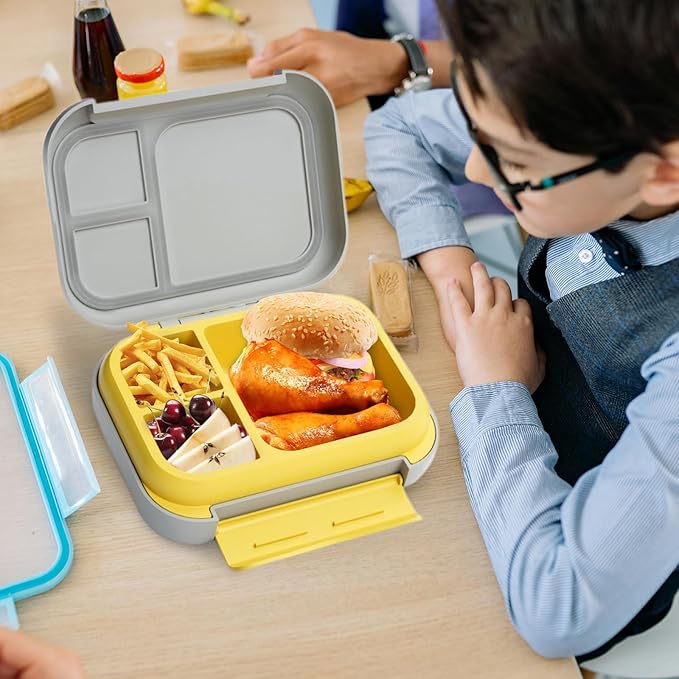 Prints Leak-Proof XL Lunch Box - Reusable 3-Compartment Containers Bento Box for meal Prepping;5-Cup Capacity for Adults & Ages 8+, BPA-Free, Dishwasher Safe (Yellow - Trucks)