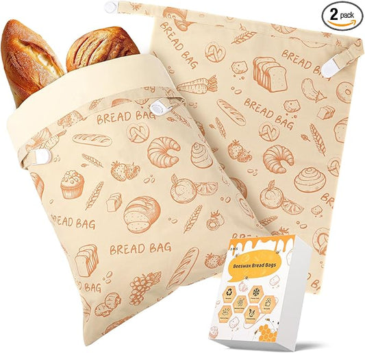 Sourdough bread Bags for Homemade Bread-2 Pack XL Reusable Beeswax Bread Bags for Homemade Bread Freezer & Refrigerator 17"×13" Natural Beeswax-Lined Organic Cotton Food Storage Bags to Keep Fresh