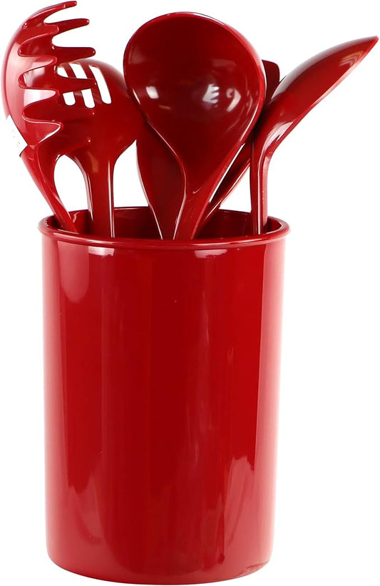 Reston Lloyd 6 Piece Kitchen Utensil Holder for Kitchen Counter, Utensils Crock with Heat Resistant Spoon, Slotted Spoon, Ladle, Spatula BPA Free, Red