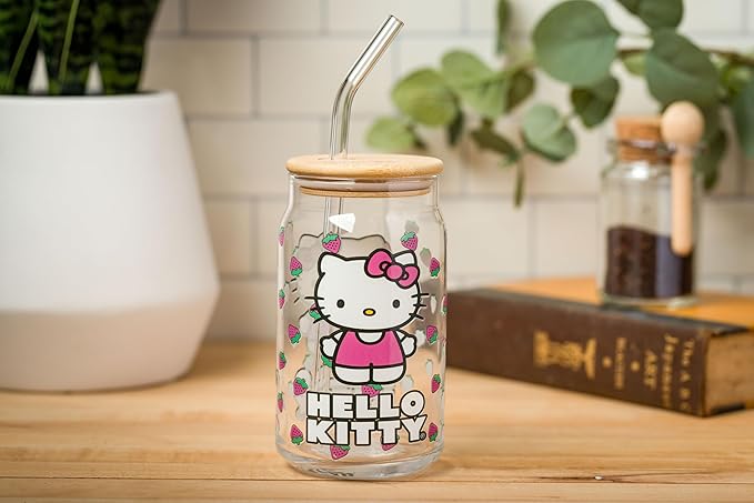 Silver Buffalo Sanrio Hello Kitty Strawberry Glass Jar Tumbler with Bamboo Lid and Glass Straw, 16 Ounces (Pack of 12)