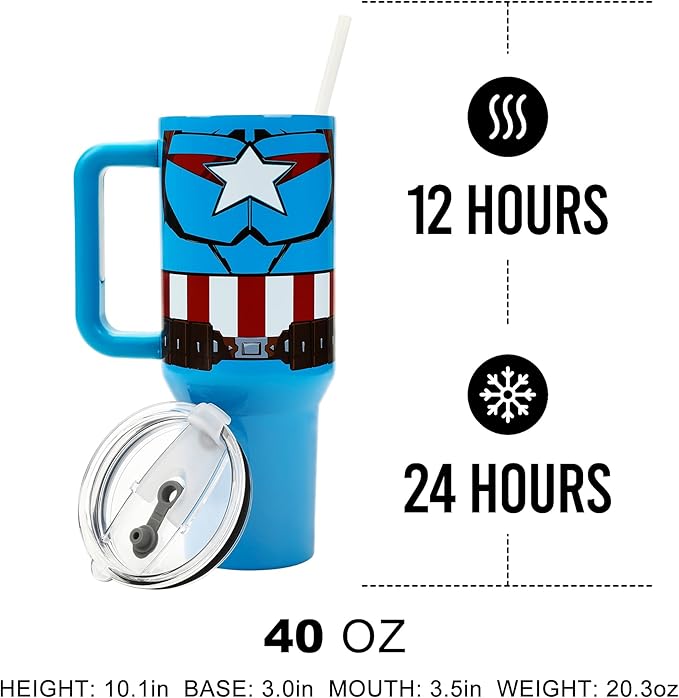 Bioworld Marvel Captain America Costume & Shield Blue 40 Oz Stainless Steel Tumbler