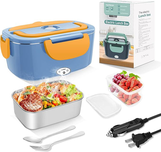Heated Lunch Boxes for Adults, 80W Electric Lunch Box Food Heated 12/24/110V 1.5L Heatable Lunch Box for Car/Truck Leak-Proof Removable Stainless Steel Container, Fork & Spoon, Bag