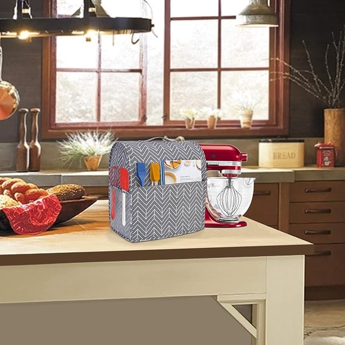 Yarwo Dust Cover for 4.5 qt and All 5 qt Stand Mixer, Protective Stand Mixer Cover with Top Handle and Pockets for Extra Accessories, chevron