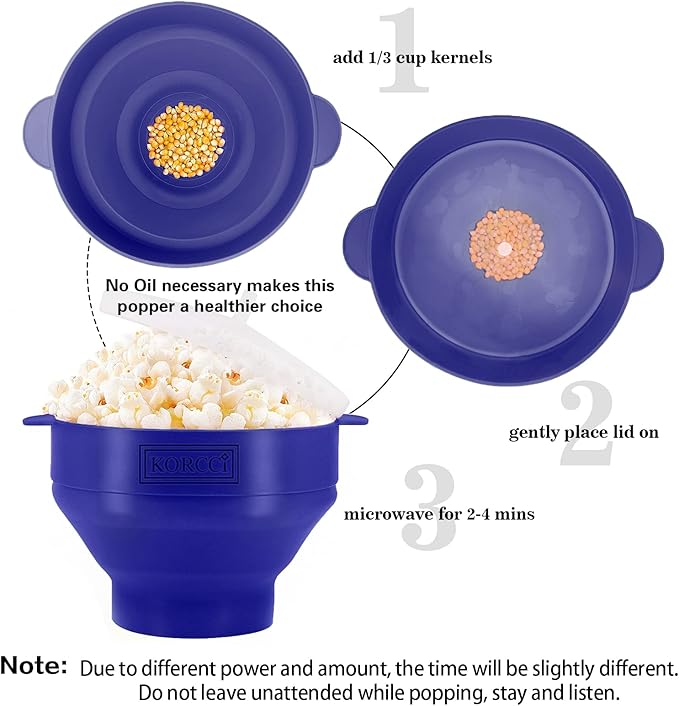 The Original Korcci Microwaveable Silicone Popcorn Popper, Microwave Popcorn Popper, Collapsible Microwave Popcorn Maker Bowl, No Oil Required, Use In Microwave, Dishwasher Safe (Blue)