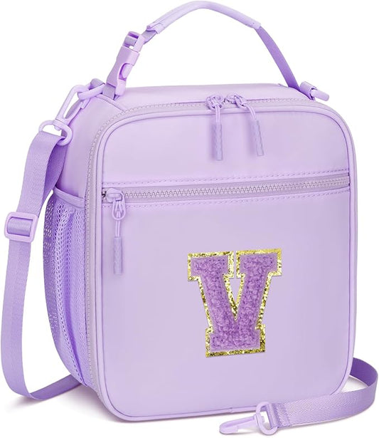 Initial Insulated Lunch Bag for Girls Kids, Back to School Gift, Reusable Leak-proof Lunch Box with Adjustable Strap for School Daycare Travel Picnic (Purple,V)