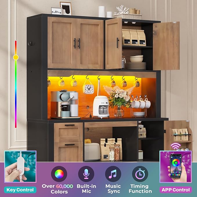 Itaar 71" Pantry Cabinet with Charging Station and LED Light, Kitchen Pantry Cabinet with Microwave Stand, 47.2" Wide Kitchen Storage Cabinets with Storage Cart 3 Tier for Dining Room (Brown)