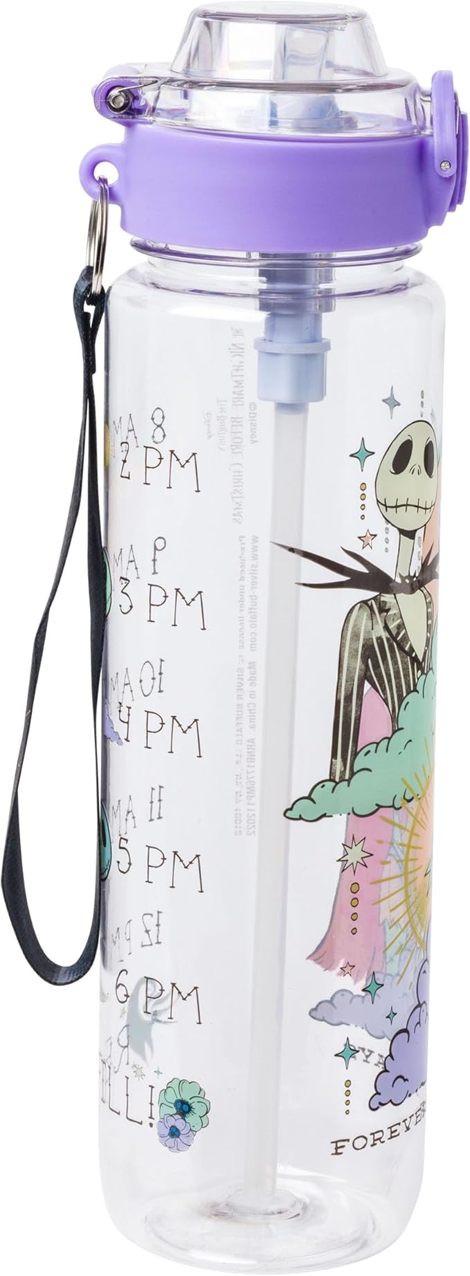 Silver Buffalo Disney Tim Burton's Nightmare Before Christmas Mystic Opulence Hydration Tracker Schedule Plastic Water Bottle With Locking Lid, Strap, and Straw, 33 Ounces