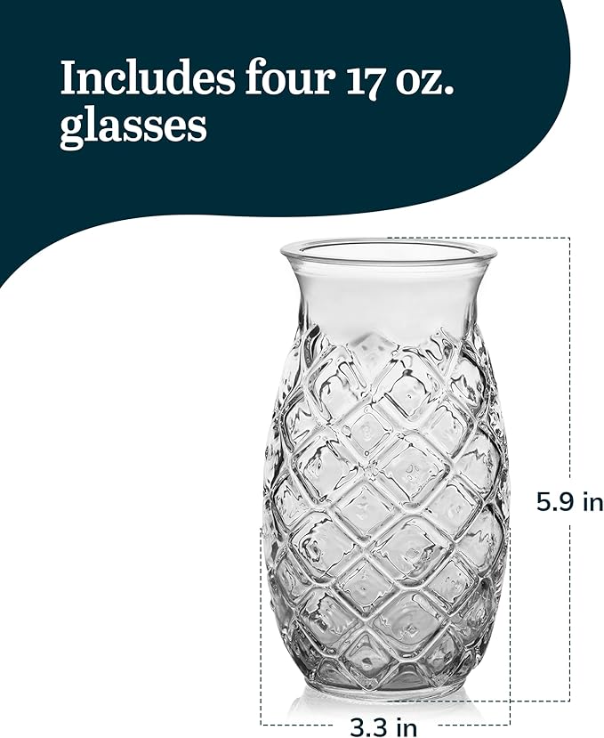 Libbey Tiki Pineapple Glasses Set, Tiki Glasses for Cocktails, Ideal Tiki Bar Set of 4