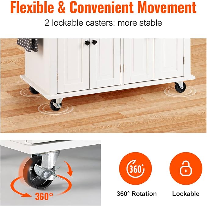 VEVOR Kitchen Island Cart with Solid Wood Top, 35.4" Width Mobile Carts with Storage Cabinet, Rolling Kitchen Table with Spice Rack, Towel Rack, and Drawer, Portable Islands on Wheels, White