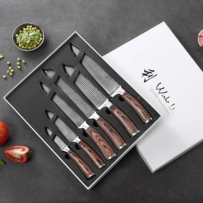 Wakoli EDIB 6-Piece Damascus Knife Set – Professional Chef Knives Set with VG10 Core Blades, 67-Layer Damascus Steel and Ergonomic Pakkawood Handles – Premium Kitchen Knives in Wooden Gift Box