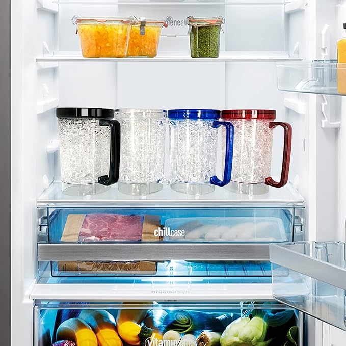 Double Wall Gel Frosty Freezer Ice Mugs Clear Set of 4 (White black red and blue)