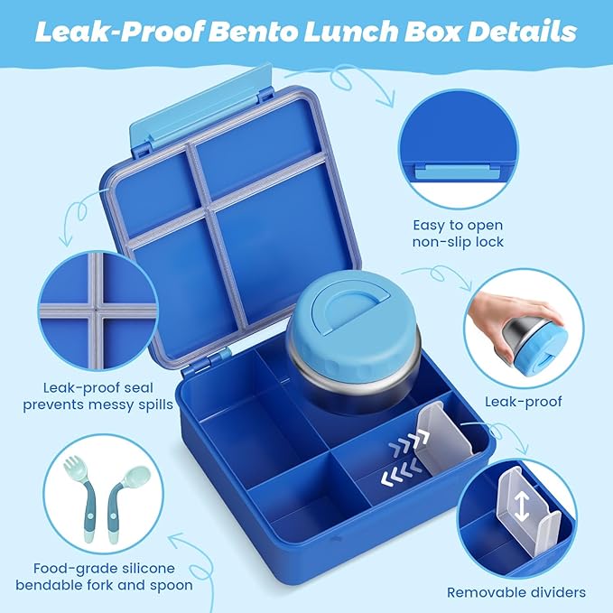 Kids Bento Lunch Box with Thermos, Leakproof Toddler Bento Box with 9 OZ Insulated Food Jar, Lunch Bag & Utensils 3 or 4 Compartment Container for School Girls Boys