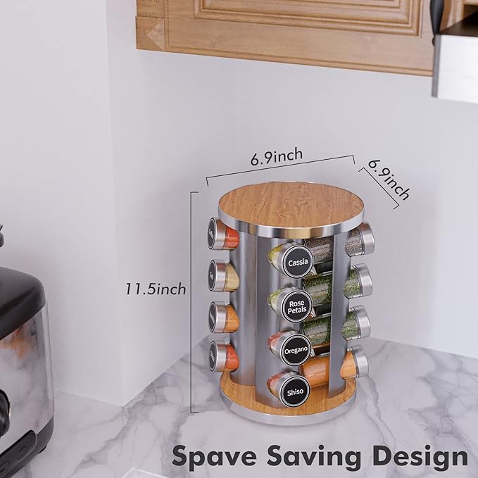 New England Stories Revolving Spice Rack Set with 16 Spice Jars, Kitchen Spice Tower Organizer for Countertop or Cabinet - Carousel Storage Includes 386 Spice Labels