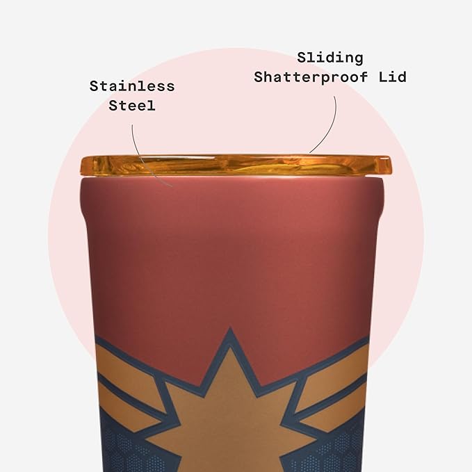 Corkcicle Disney Tumbler - Triple-Insulated Stainless Steel - Keeps Drinks Cold 9 Hours - Spill-Proof Lid - Reusable - Summer Drinkware Gift - Keeps Drinks Ice Cold - 24 oz - Captain Marvel