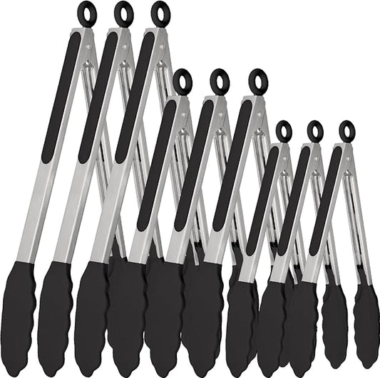 9 Pieces Silicone Tongs for Cooking 7,9,12 inches Kitchen Tongs with Silicone Tip Stainless Steel Heat Resistant Cooking Tongs for Food Grill Salad BBQ Frying and Serving, Black