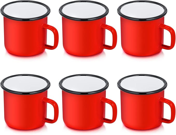 P&P CHEF Enamel Camping Coffee Mug Set of 6, Small Colored Mugs Cups for Family Gathering/Friend Party/Camping/Picnic/Fishing, Lightweight & Portable -12 Ounce, 350ML & Red
