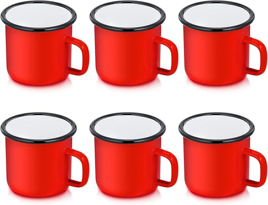 P&P CHEF Enamel Camping Coffee Mug Set of 6, Small Colored Mugs Cups for Family Gathering/Friend Party/Camping/Picnic/Fishing, Lightweight & Portable -12 Ounce, 350ML & Red