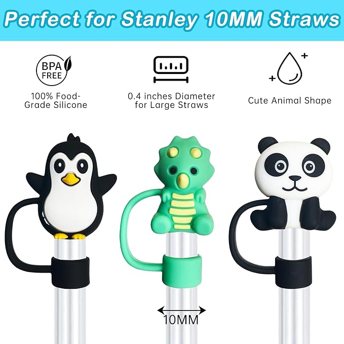 6PCS Cute Animal Silicone Straw Cover Cap for Stanley 30&40 Oz Tumbler with Handle, Reusable, Lightweight, Dust-Proof, 10mm Straw Tips, Color 5