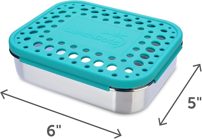 LunchBots Medium Duo Snack Container - Divided Stainless Steel Food Container - Two Sections for Half Sandwich and a Side - Eco-Friendly - Dishwasher Safe - Stainless Lid - Aqua Dots