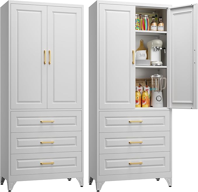 75" Tall Metal Storage Cabinet, Kitchen Pantry Storage Cabinets with Doors and Shelves, White Pantry Cabinet with 3 Drawer, Utility Kitchen Cupboard, Large Steel Cabinets for Living Room