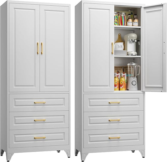 75" Tall Metal Storage Cabinet, Kitchen Pantry Storage Cabinets with Doors and Shelves, White Pantry Cabinet with 3 Drawer, Utility Kitchen Cupboard, Large Steel Cabinets for Living Room