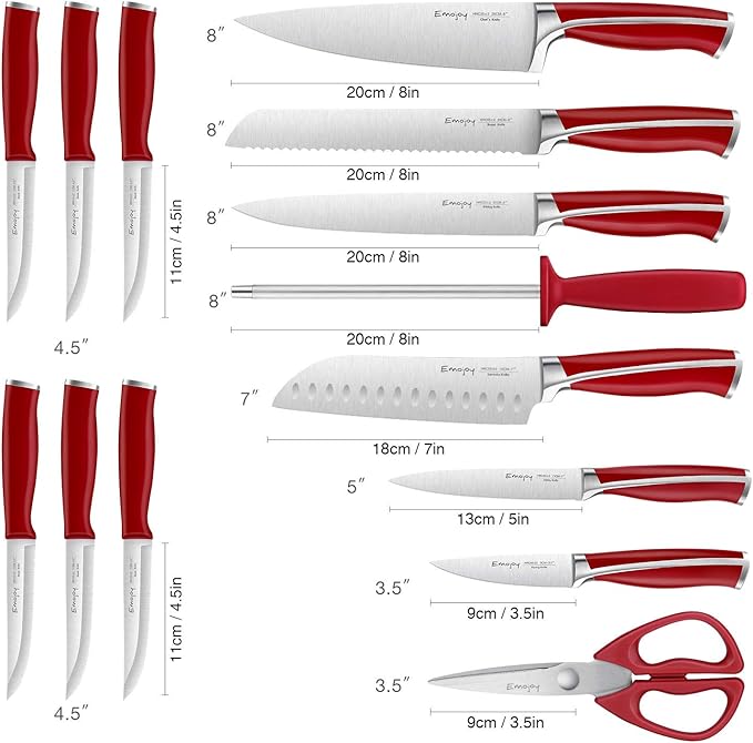 Emojoy 15-Piece Kitchen Knife Set with Wooden Block, German Stainless Steel Sharp Chef Knife Set, Dishwasher Safe and Rust Proof (Red)