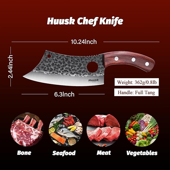 Huusk Meat Cleaver Knife, Hand Forged Butcher Knife for Meat Cutting, Full Tang Viking Knives with Sheath, Japanese Chef Knives for Outdoor Cooking, Camping, BBQ, Christmas Gift for Man and Women