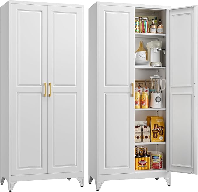 Kitchen Pantry Storage Cabinets, 75" Tall Metal Storage Cabinet with Doors and 4 Shelves, White Pantry Cabinet, Utility Kitchen Cupboard, Large Steel Cabinets for Dining, Office, Living Room