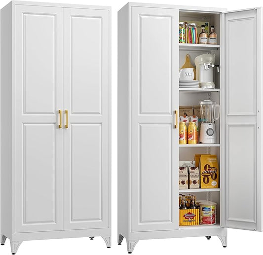 Kitchen Pantry Storage Cabinets, 75" Tall Metal Storage Cabinet with Doors and 4 Shelves, White Pantry Cabinet, Utility Kitchen Cupboard, Large Steel Cabinets for Dining, Office, Living Room