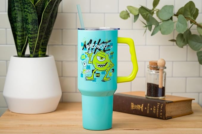 Silver Buffalo Disney Pixar Monsters Inc. Stainless Steel Tumbler with Handle Featuring Mike Wazowski, Fits in Standard Cup Holder, 40 Ounces