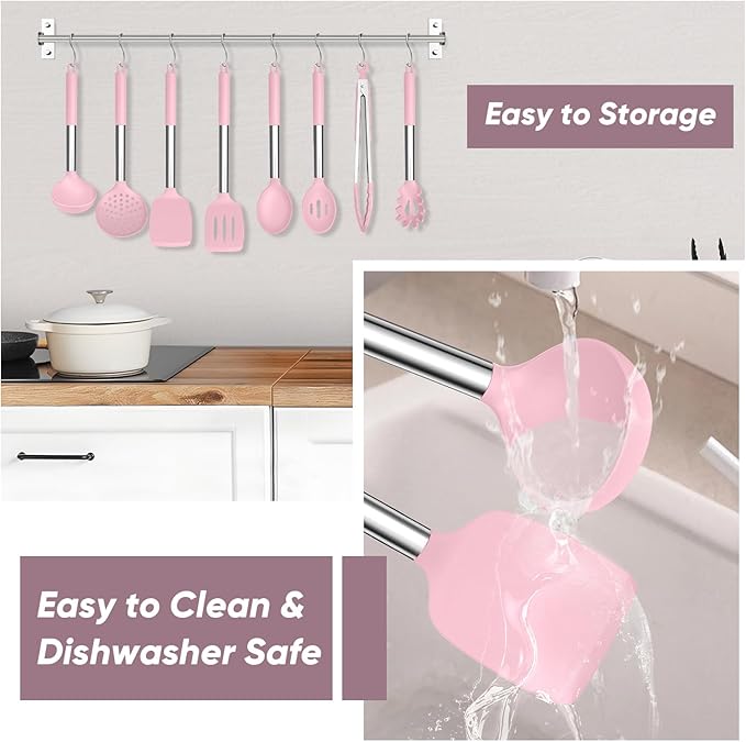 TeamFar Kitchen Utensils Set of 8, Silicone Utensils Kitchen Tools Set with Stainless Steel Handle, for Frying Serving Flipping Draining, Non-toxic & Heatproof, Nonstick & Dishwasher Safe - Pink