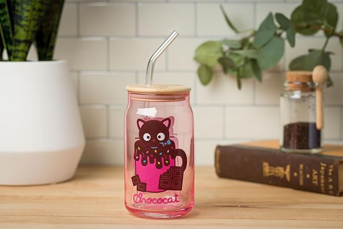 Silver Buffalo Sanrio Hello Kitty & Friends Chococat Chocolate Pink Glass Jar Tumbler with Bamboo Lid and Glass Straw, 16 Ounces (Pack of 12)