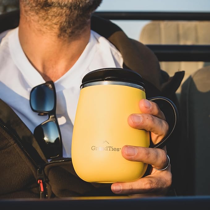 GRANDTIES Insulated Coffee Mug with Handle - Sliding Lid for Splash-Proof 16oz Wine-Glass Shape Thermal Tumbler with Double Walled Vacuum Stainless Steel to Keeps Beverages Hot or Cold-Lemon