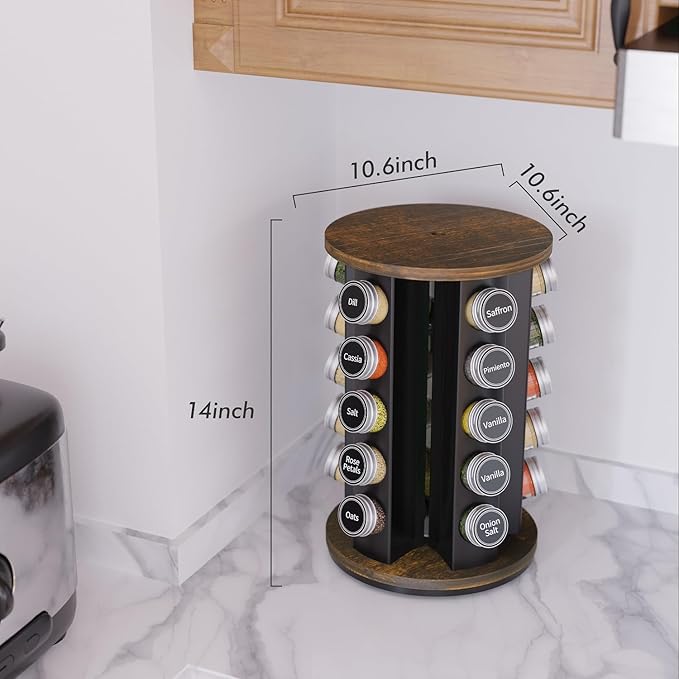 New England Stories Revolving Spice Rack Set with 35 Spice Jars, Kitchen Spice Tower Organizer for Countertop or Cabinet - Carousel Storage Includes 386 Spice Labels