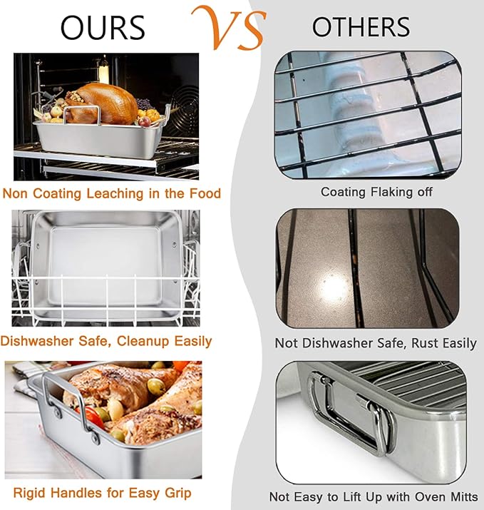 TeamFar Roasting Pan with Rack, 14 Inch Stainless Steel Turkey Roaster Lasagna Pan with V-Shaped Rack & Cooling Rack, Healthy & Sturdy, Brushed Surface & Dishwasher Safe, Rectangular - Set of 3
