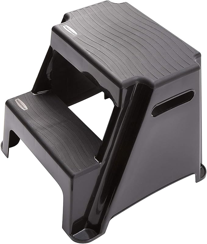 Rubbermaid 2-Step Molded Plastic Step Stool, Lightweight with Slip Resistant Treads and Non-Slip Feet, Black (Amazon Exclusive)