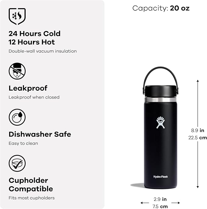 Hydro Flask Water Bottle - Insulated Stainless Steel - Wide Mouth Flex Lid, Non Spill, Leakproof and Refillable in 20 Oz Agave Green