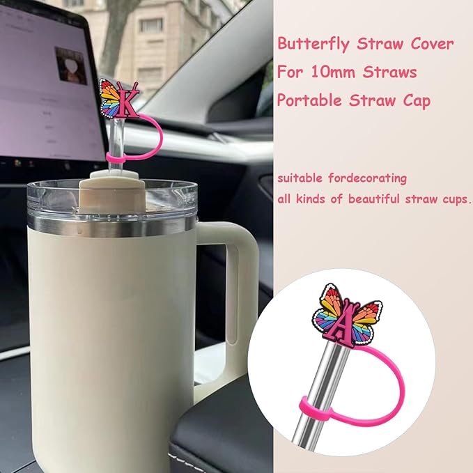 Butterfly Straw Cover for Stanley Cup 30&40 Oz 10mm Straw Topper with 2PCS Letter Charms (Letter I)
