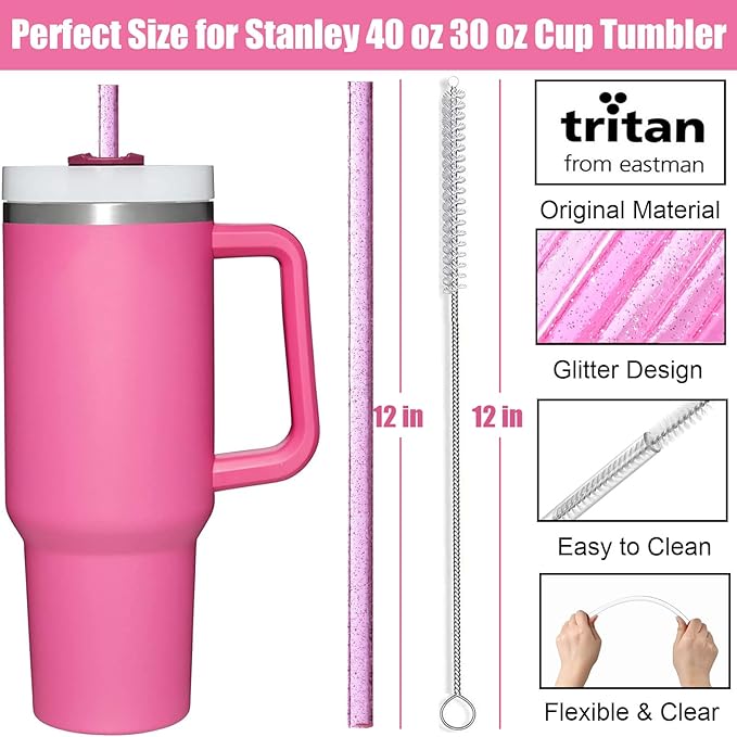 ALINK 10 Pack Pink Replacement Straws for Stanley 40 oz 30 oz Tumbler, 12 in Long Reusable Plastic Glitter Straws for Stanley Cup Accessories, Half Gallon Jug, Plus 2 Cleaning Brush