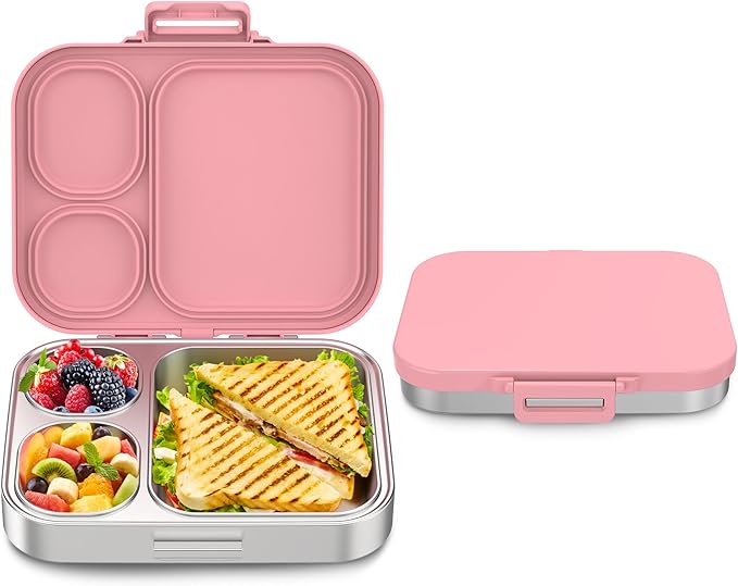 Stainless Steel Bento Box Kids, Leak Proof Metal Bento Lunch Box,3 Compartments 304 Stainless Steel Bento Lunch Containers for School and Office, BPA-Free(Pink)