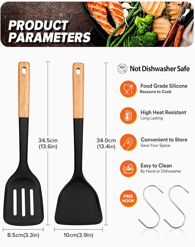 Silicone Wok Spatula Turner Set, Perfect for Scooping, Flipping, Lifting Pancakes and Picking up Veggies, BPA-Free Matte Silicone, Wooden Handles, Safe for Nonstick Cooking Surfaces (Black)