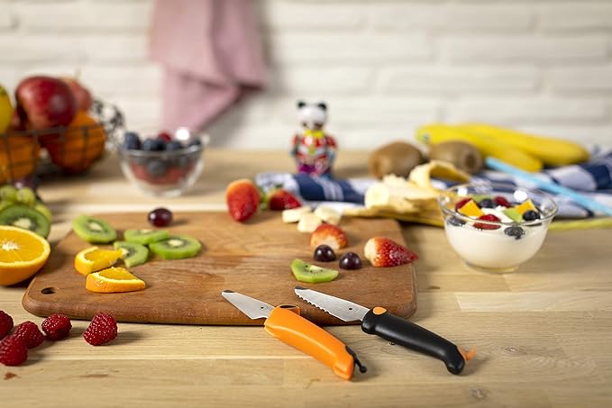 Kuhn Rikon Kinderkitchen® Kids Chef Knife Set 6", 2 Pieces, Black/Orange | Straight Edge & Serrated Knife | Cutting Tool Made for Real Cooking | Child Friendly Dog Design With Hand Guard For Safety