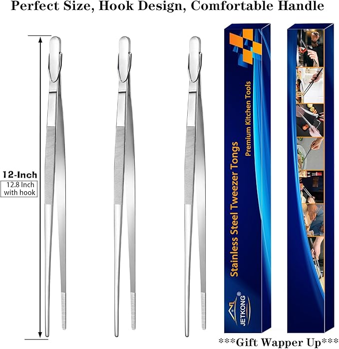 JETKONG 12-Inch Cooking Tweezer Tongs Food Tweezers for Kitchen and Barbecue, Set of 3 (12 12 12 Inch, Silver)