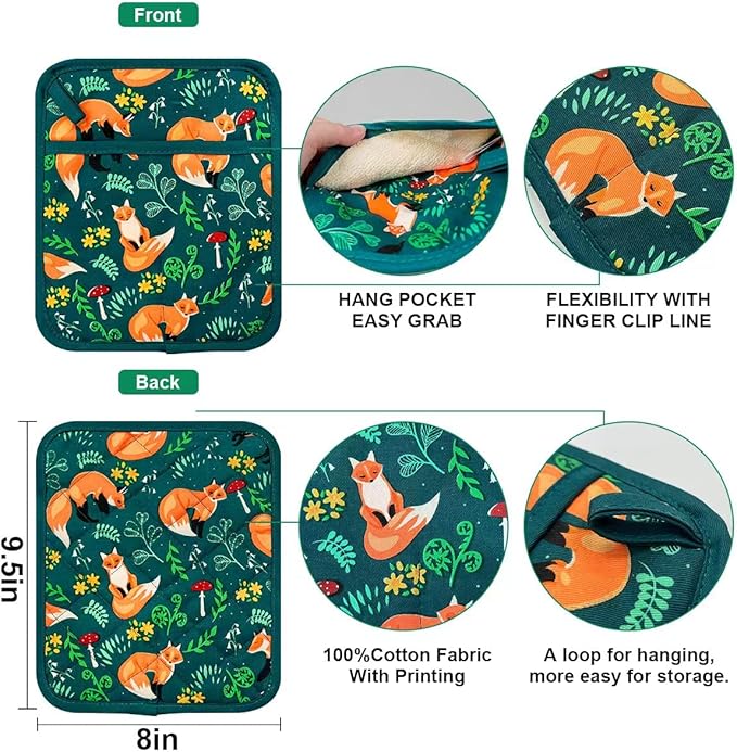 Pot Holders Set of 2 Heat Resistant 480℉ Kitchen 100% Cotton Comfortable Lining Printing Fox Flower Women Men Home Cooking Baking Microwave BBQ Gift(Fox Flower)